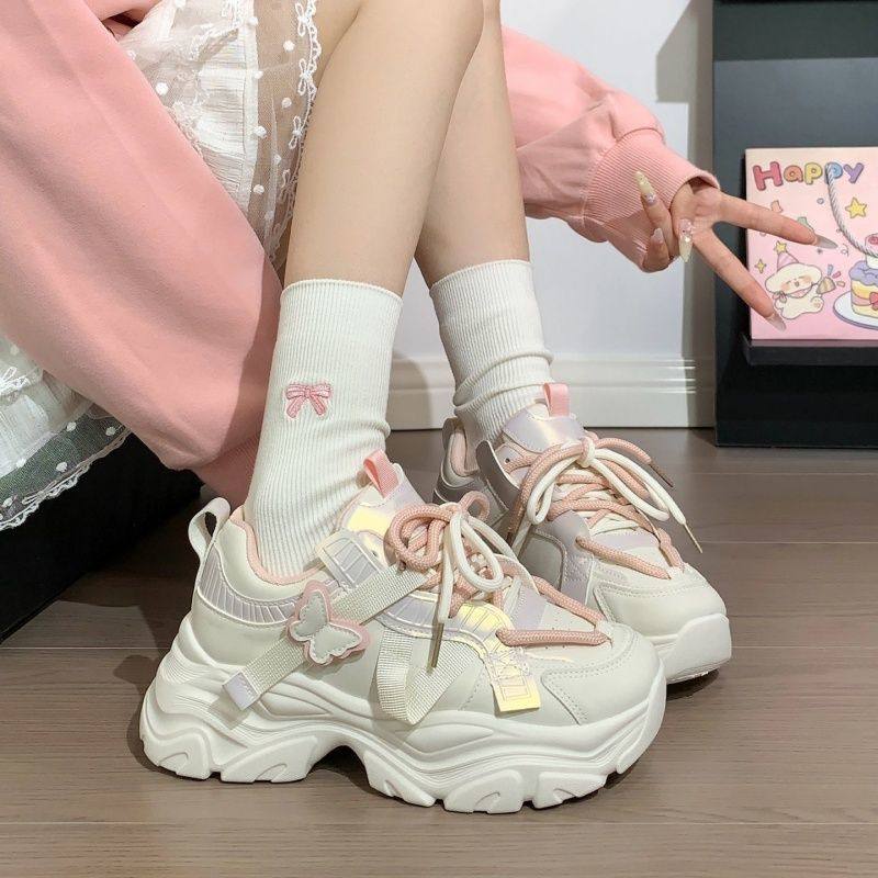 蝴蝶结加绒厚底老爹鞋女保暖百搭
