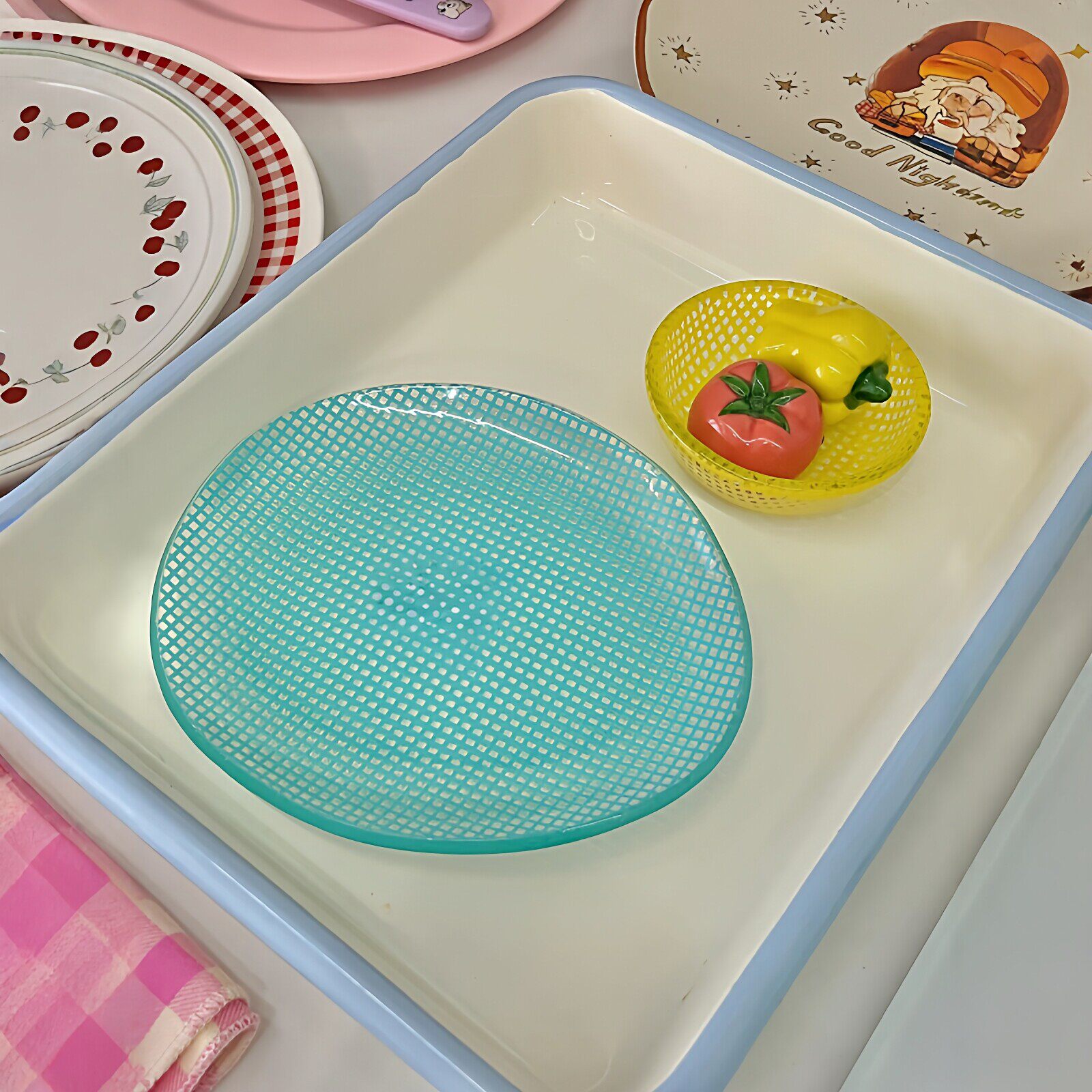 韩系薄荷蓝网格透明餐盘ins风奶油色甜品盘夏日冰品碗家用早餐盘