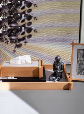 现代简约木质皮革置物盒首饰盒实木纸巾盒托盘样板间软装饰品