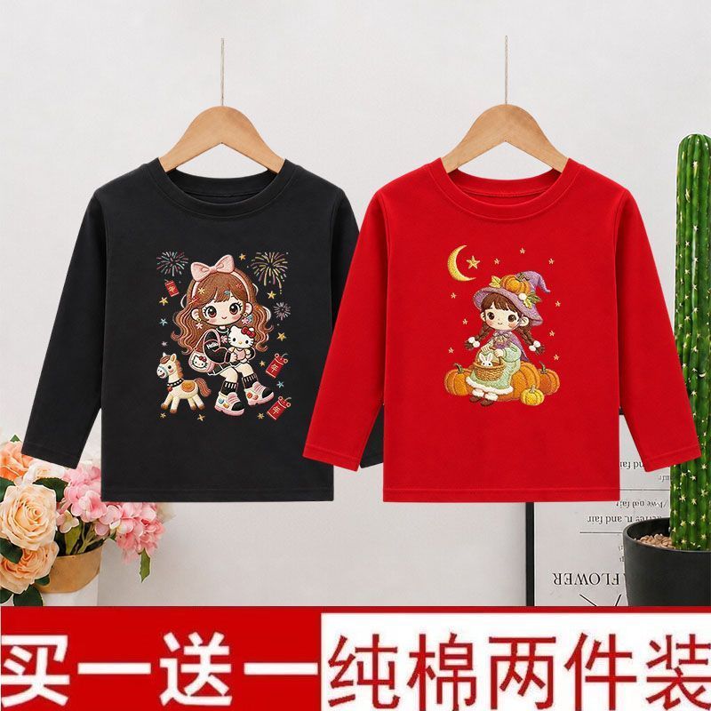 儿童长袖春装女童春秋纯棉衣服宝宝圆领薄款卡通印花上衣打底
