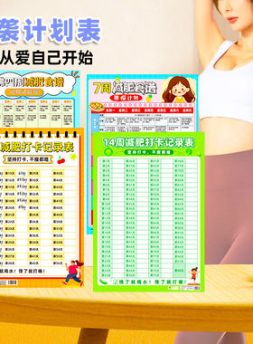 纸筒减肥励志计划墙贴含食谱打卡记录表健身运动自律30天
