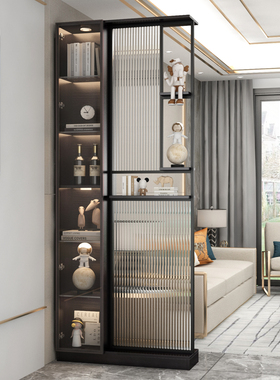 长虹玻璃隔断入户正对门客厅玻璃屏风玄关简约现代轻奢实木置物架