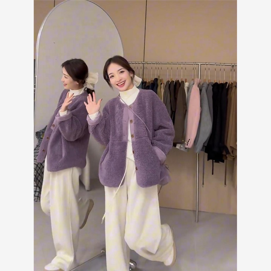 欧货新款紫色羊羔毛皮毛一体外套女2025春设计感宽松显瘦保暖上衣