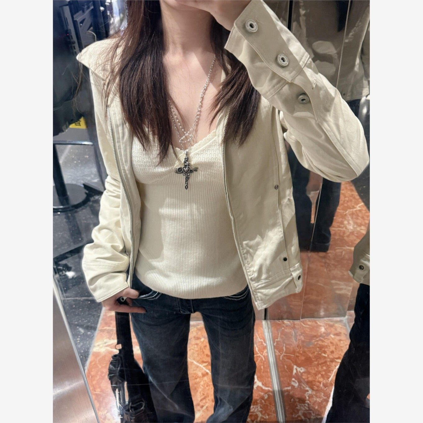 覆古短款正肩翻领外套女款早秋2025新款休闲慵懒显瘦美式夹克上衣