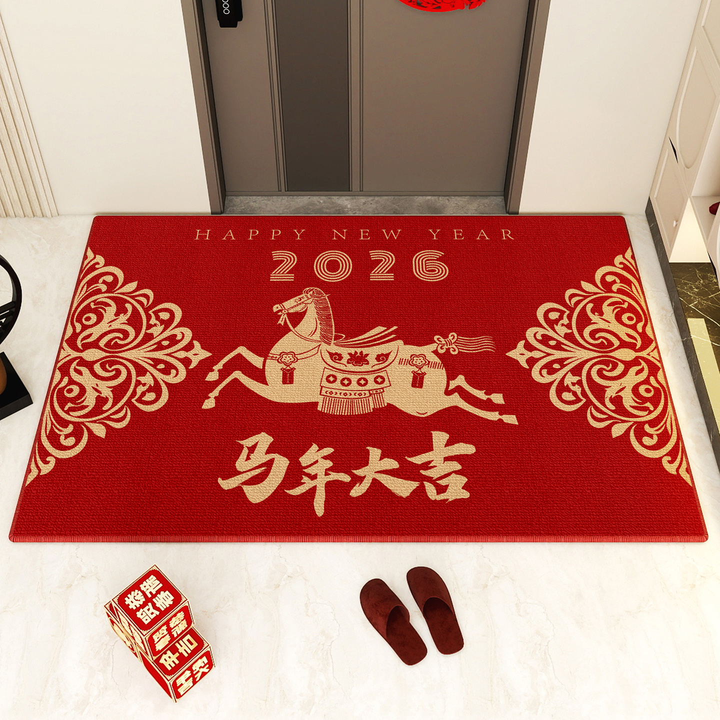入户门地垫圈绒室内门垫2026新年喜庆红地毯进门玄关脚垫防滑耐脏