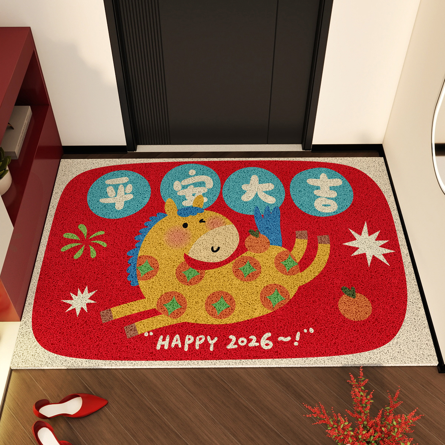 入户门地垫2026马年新年地毯大门口卡通喜庆门垫防滑耐脏进门脚垫