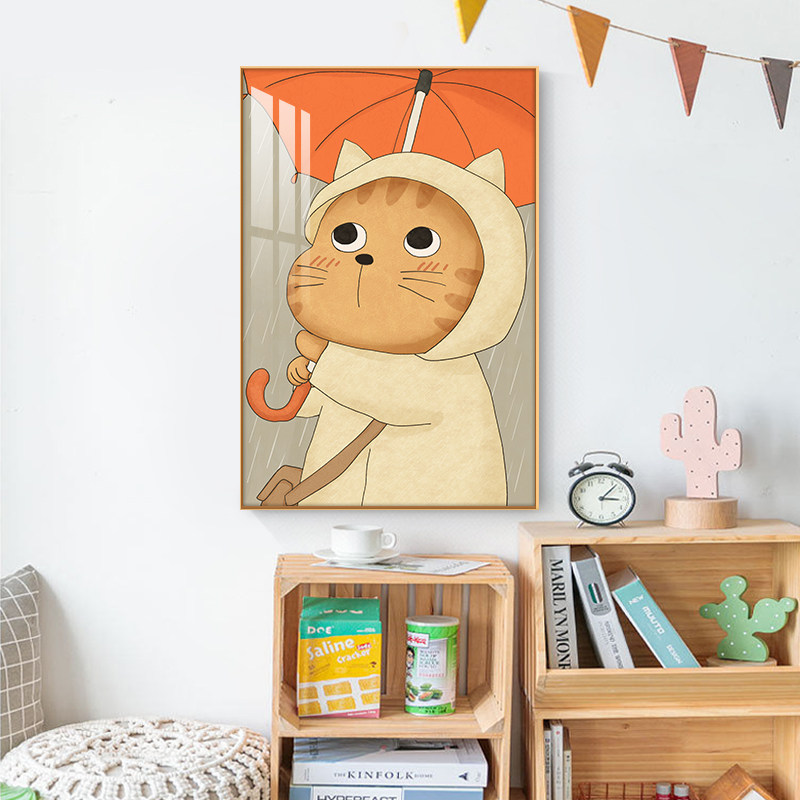 可爱卡通猫咪装饰画儿童房卧室床头挂画竖版客厅走廊过道玄关壁画
