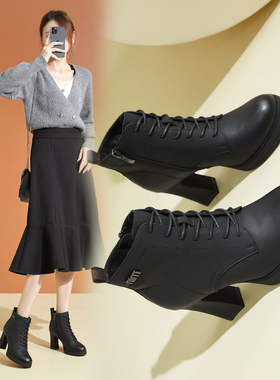 8.5CM高跟时装靴女正品冬季新款加绒显瘦软皮短筒靴香香莉28525