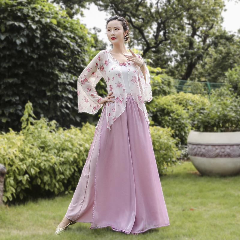 古典服舞蹈练功女纱飘逸衣演出印花身韵舞中国喇叭袖汉唐服装阔裤