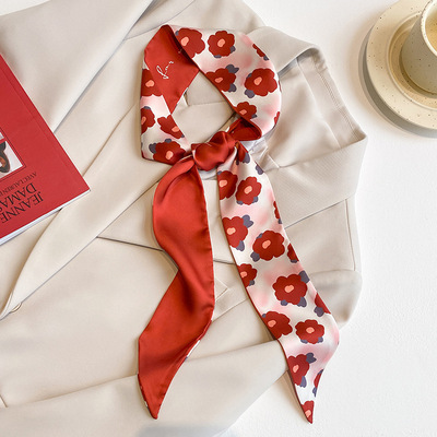 氛围感红色长条丝巾女绑发带印花