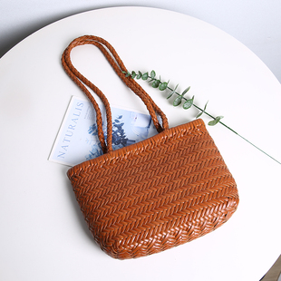 夏天真皮手工编织包女小号托特包海边度假风单肩包高级感皮质小包