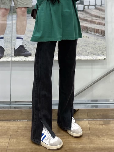 Демисезонные приталенные прямые свободные джинсы, для формы тела «груша», большой размер, высокая талия