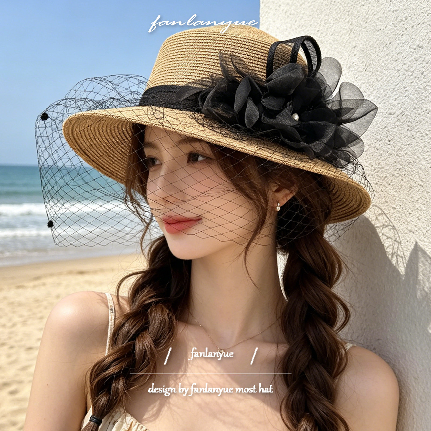 仙女度假风花朵网纱草帽女夏季沙滩遮阳防晒平顶礼帽赫本风太阳帽