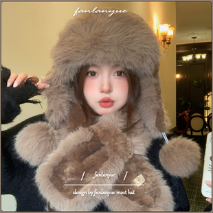 软糯羊羔绒毛绒雷锋帽女冬季东北滑雪防寒保暖护耳帽防风帽子围巾