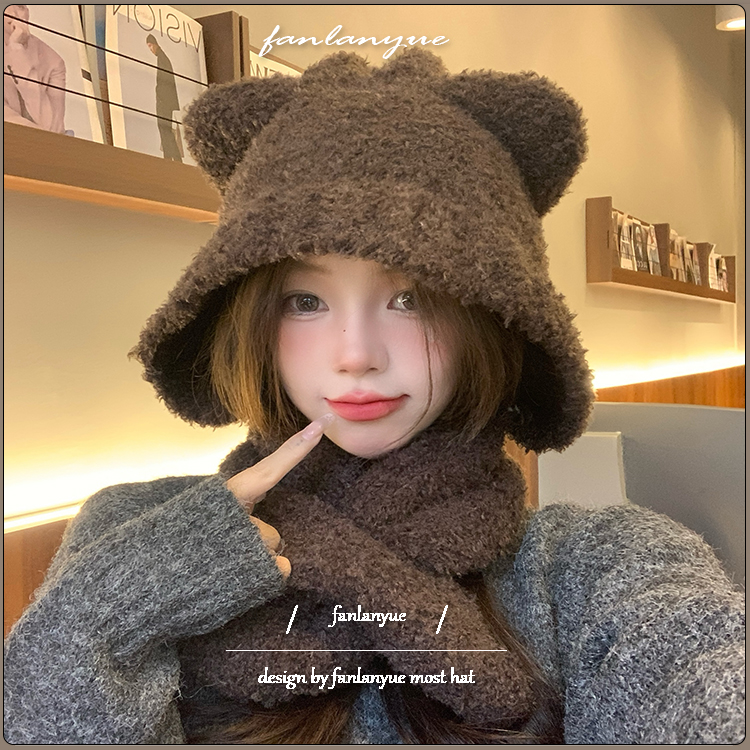 可爱小熊耳朵帽子围脖一体女冬保暖大头围咖啡护耳防风针织雷锋帽