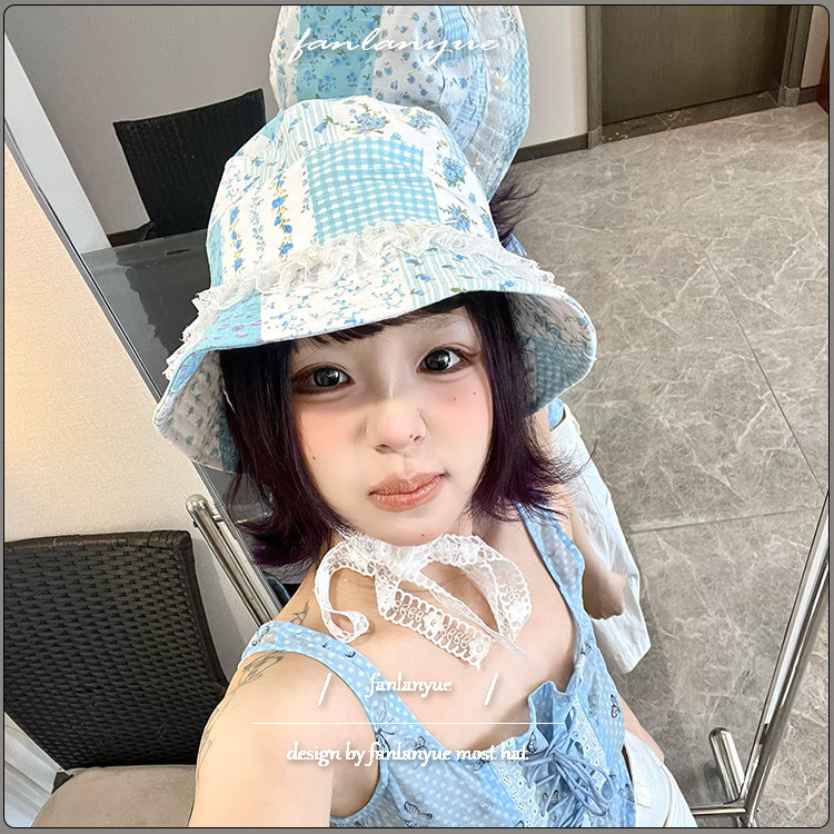小清新碎花渔夫帽子女春夏季新款蕾丝出游拍照防紫外线遮阳盆帽潮