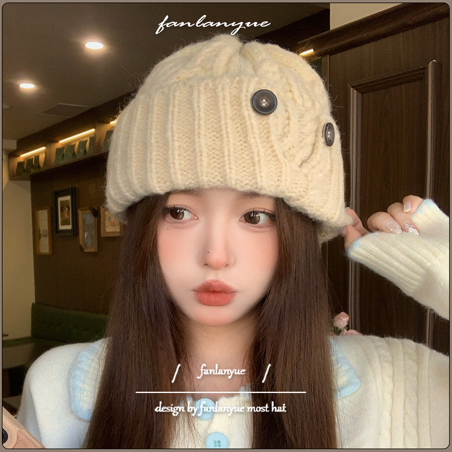 个性设计师款针织帽女冬保暖护耳毛线帽显脸小大头围纽扣装饰帽子