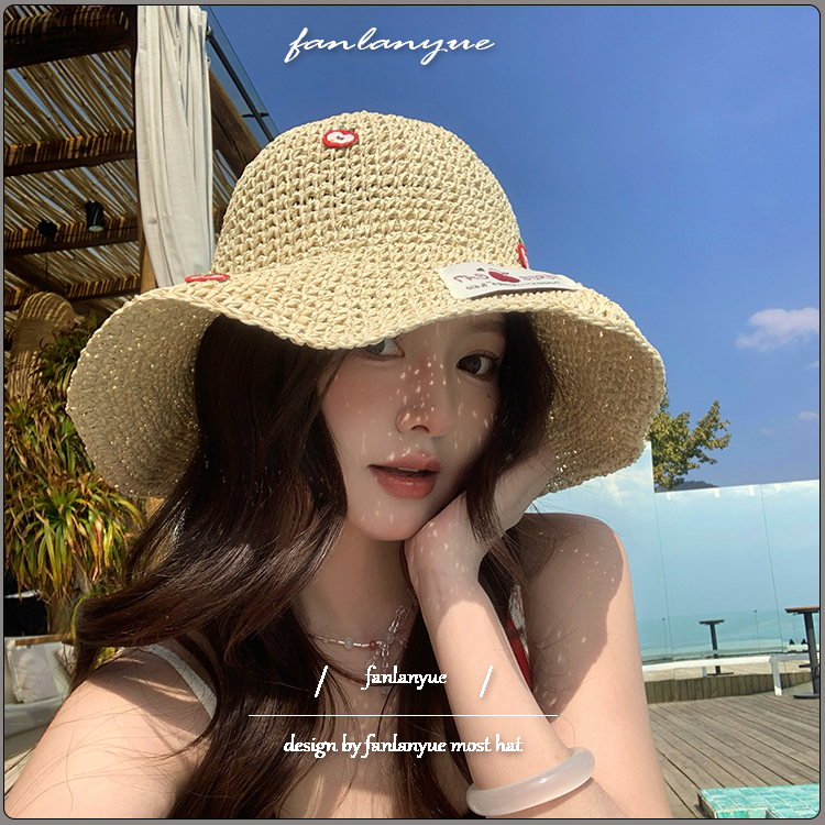 小苹果草帽女夏季海边沙滩度假镂空透气渔夫帽大檐遮阳防晒太阳帽