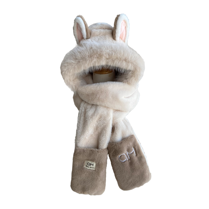 火狐狸红耳朵毛绒帽子女冬季保暖护耳雷锋帽子围巾手套一体骑车帽