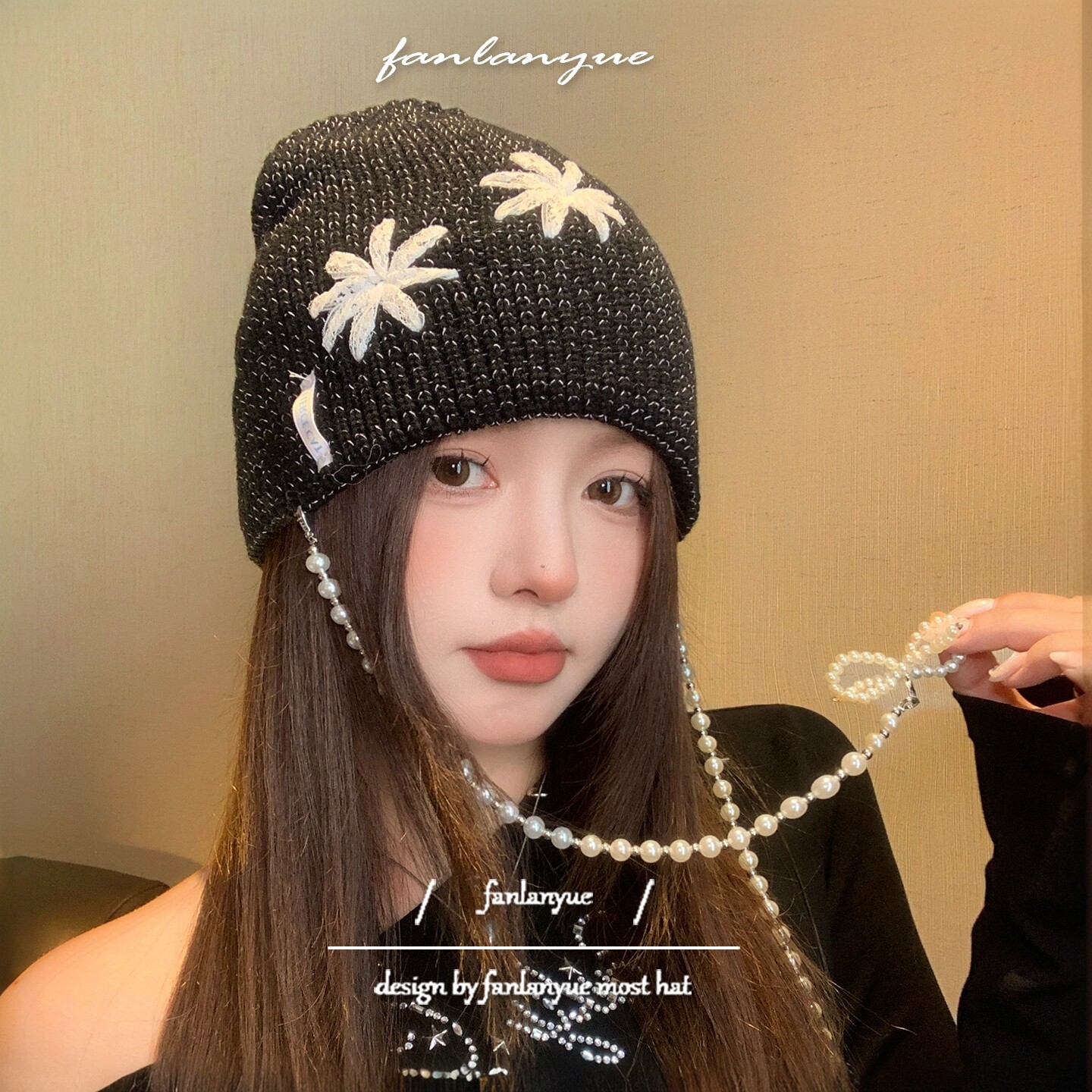 个性珍珠蝴蝶结针织帽女秋冬蕾丝太阳花百搭显脸小毛线包头帽冷帽