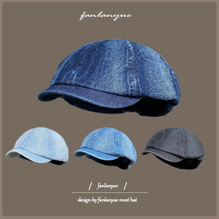 牛仔贝雷帽女复古文艺八角帽秋冬大头围画家帽百搭显脸小报童帽潮