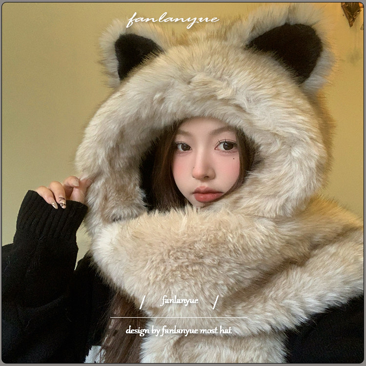 可爱狐狸耳朵毛绒帽子围巾一体女冬季护耳保暖帽百搭围脖三件套潮