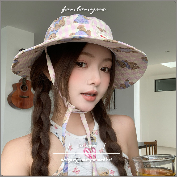 可爱小熊清新蓝色格子渔夫帽女夏遮阳防晒帽海边拍照显脸小盆帽子