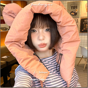 可爱卡通米奇耳朵羽绒棉雷锋帽女冬季保暖护耳骑车大头围防寒帽子