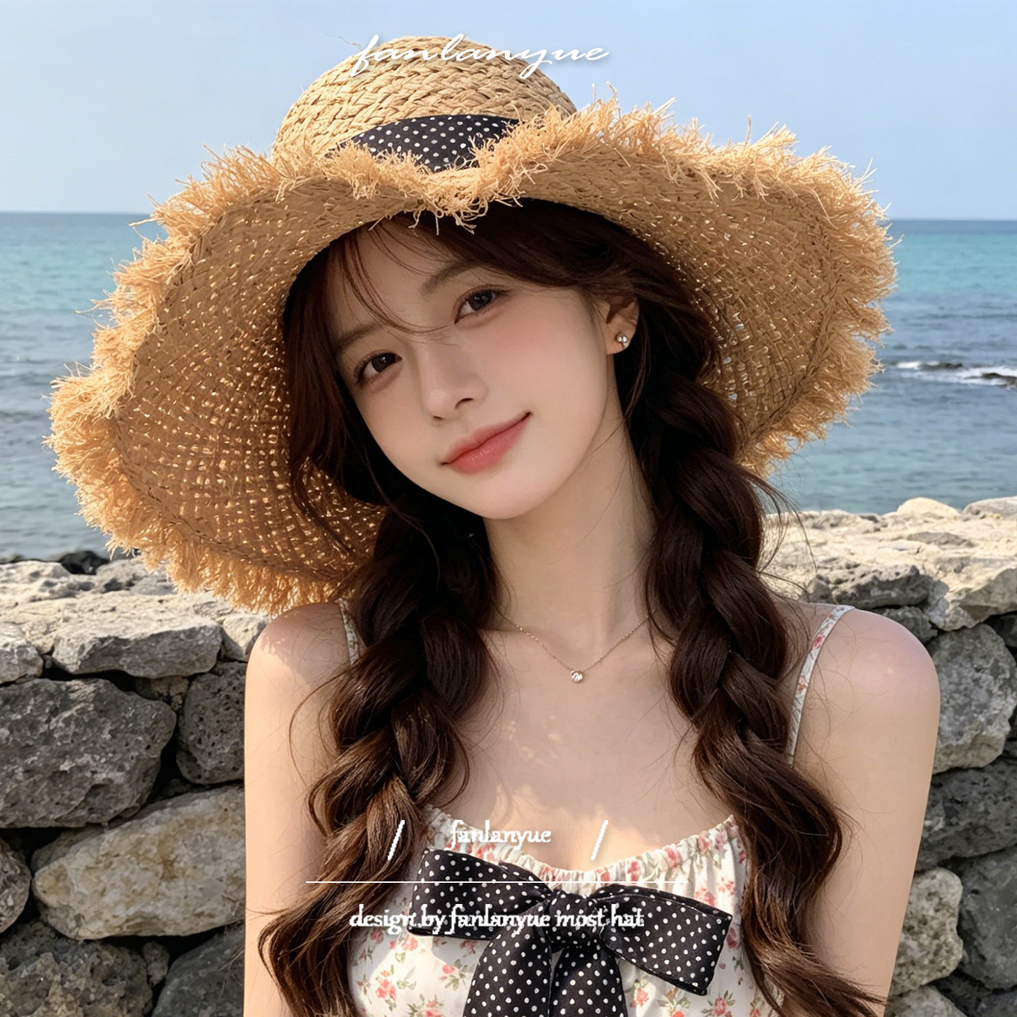 田园风蝴蝶结草帽子女夏海边遮阳防晒大帽檐编织拉菲草波点太阳帽