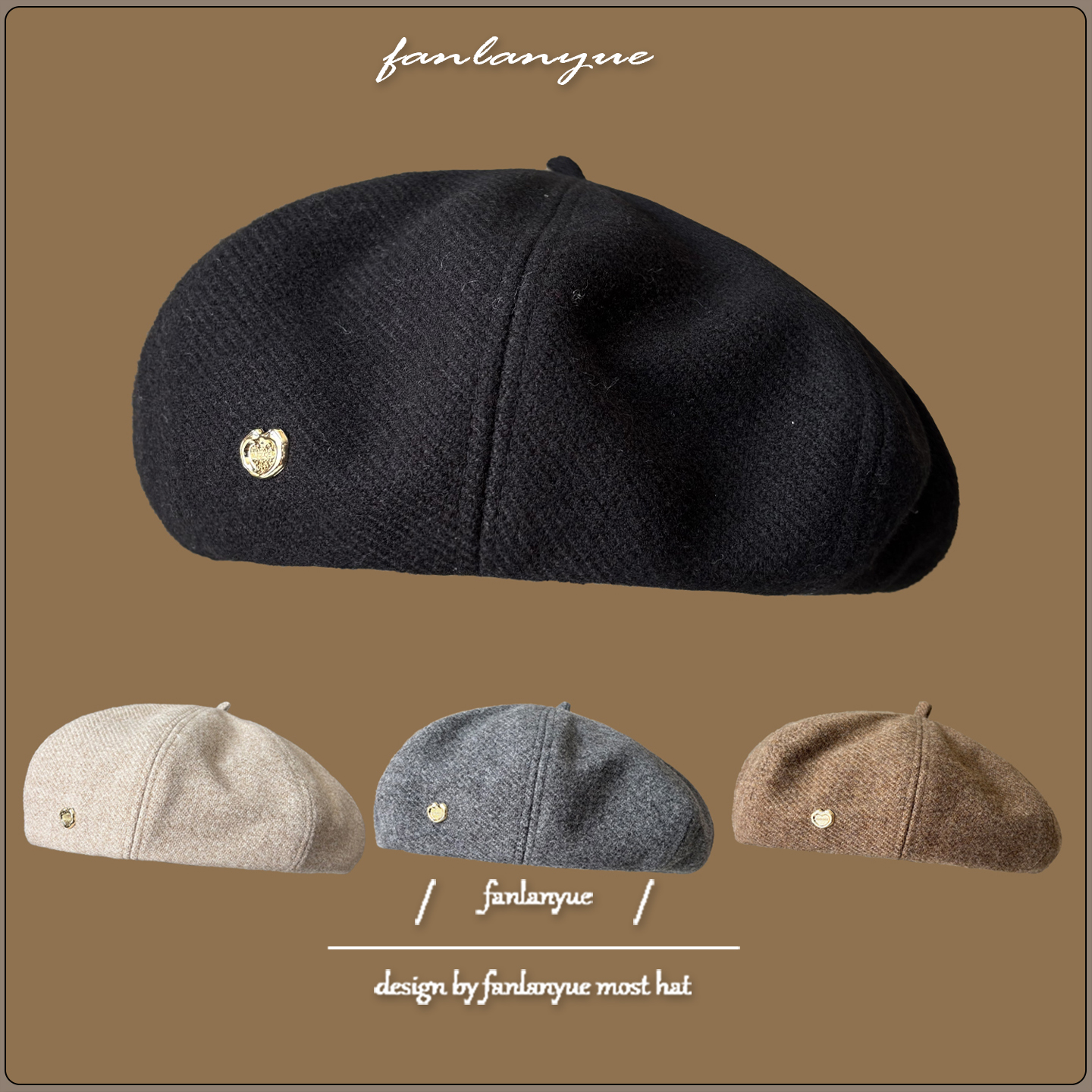 港式复古毛呢贝雷帽女秋冬百搭显脸小八角帽简约小标黑色画家帽潮