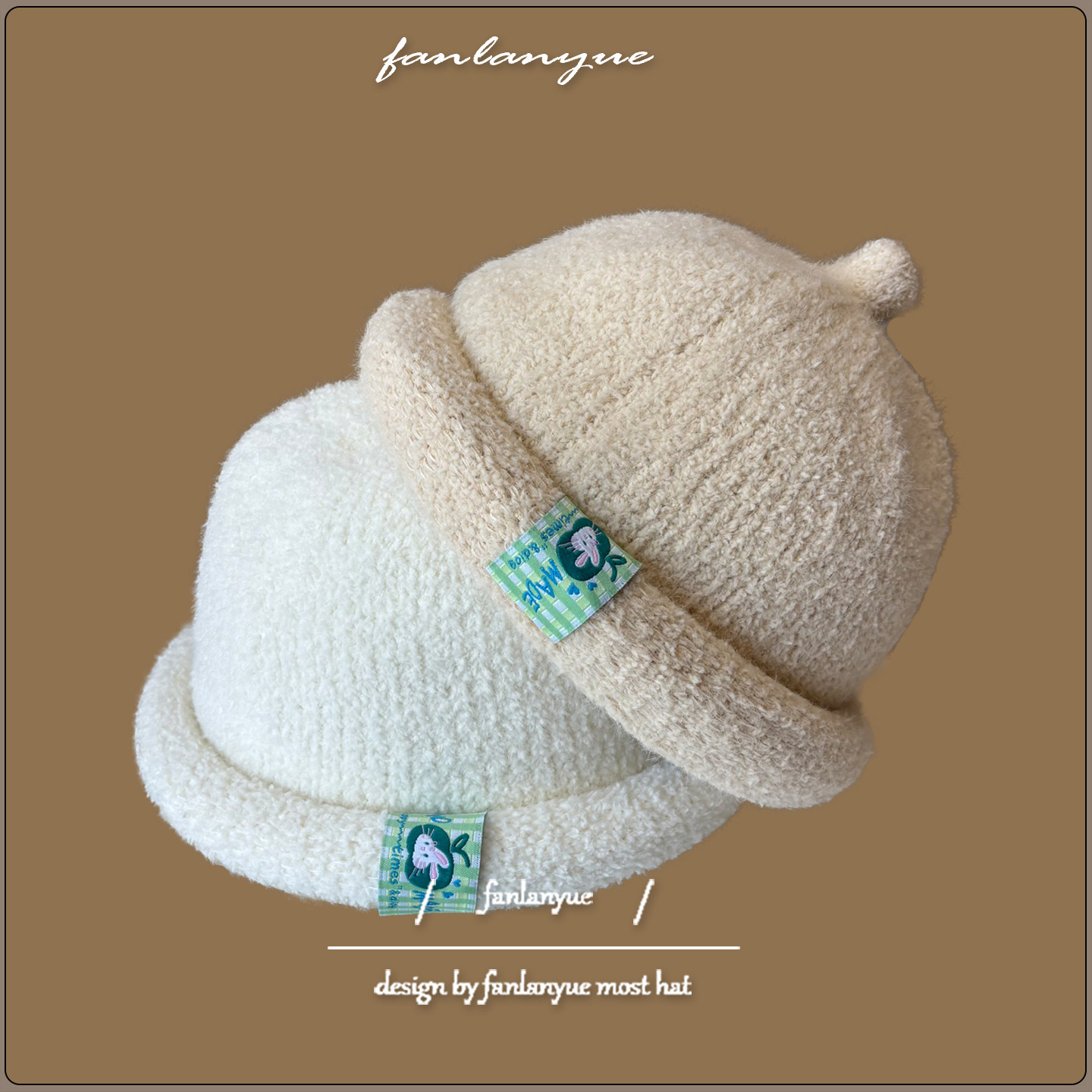 可爱兔子贴布卷边毛线帽女秋冬韩版百搭针织帽小头围套头地主帽潮