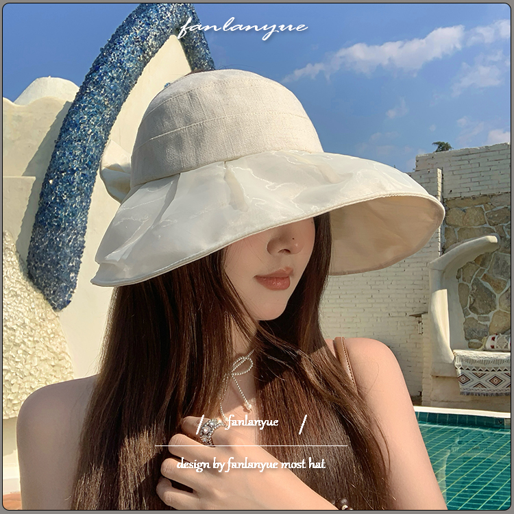 大檐棉麻蕾丝蝴蝶结空顶帽女夏天出游沙滩遮阳UV防晒可折叠太阳帽