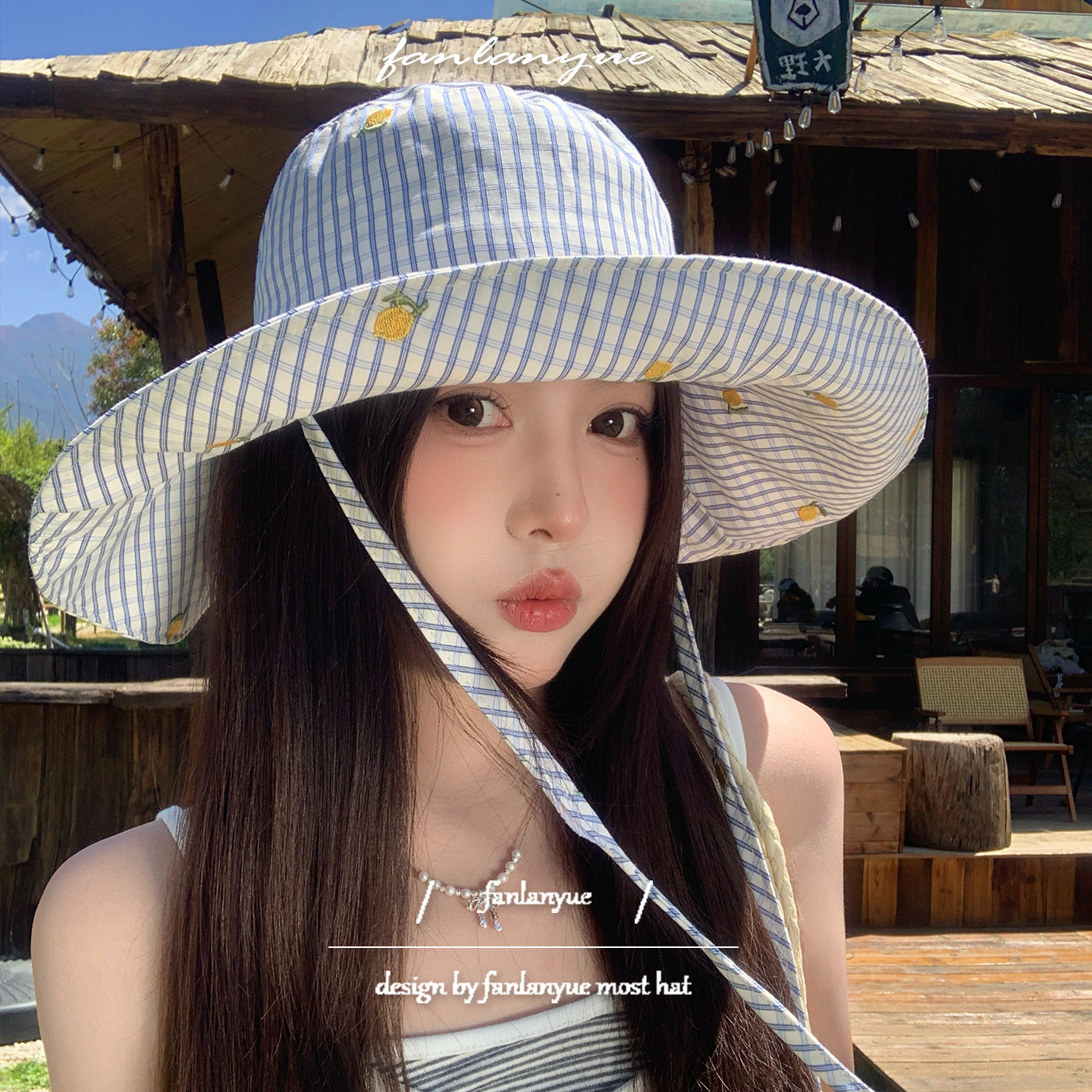 夏日格纹柠檬刺绣系带渔夫帽女大檐防晒防紫外线遮阳帽小清新布帽
