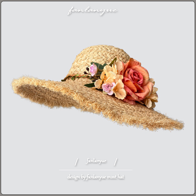法式花朵拉菲草帽子女夏季新款海边度假出游大帽檐遮阳防晒帽凉帽