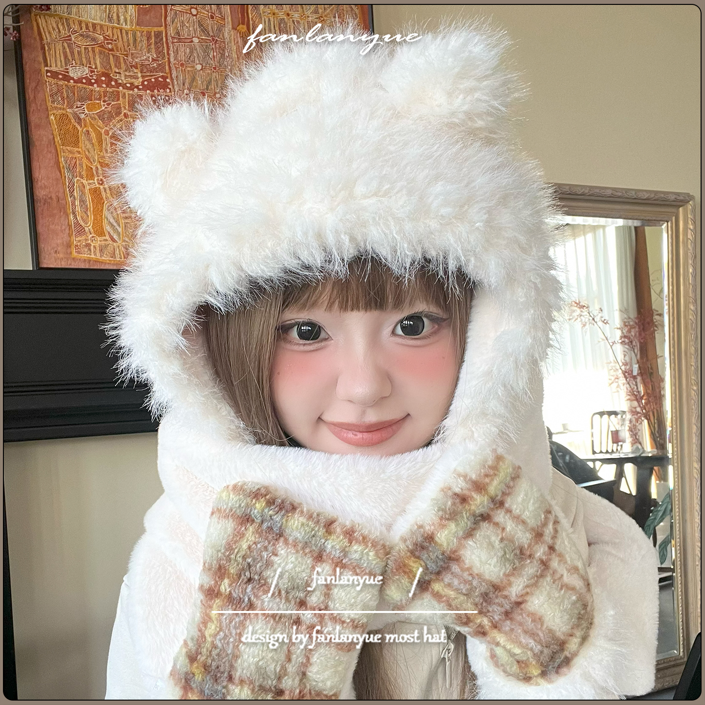 小熊毛绒帽子围巾手套连帽女生冬季保暖护耳显脸小显瘦防寒雷锋帽