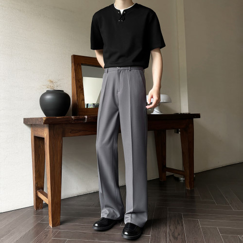夏季直筒小微喇垂感灰色休闲西裤
