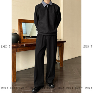 休闲裤 LNED7 A字直筒条纹毛呢西裤 春季 男 精纺毛呢直筒西裤