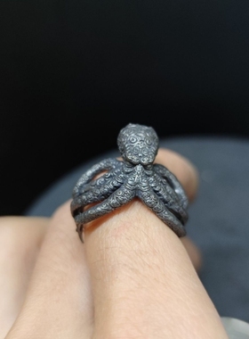 黄铜做旧 暗黑精雕克苏鲁吸盘章鱼 触手北海巨妖开口男女款戒指环