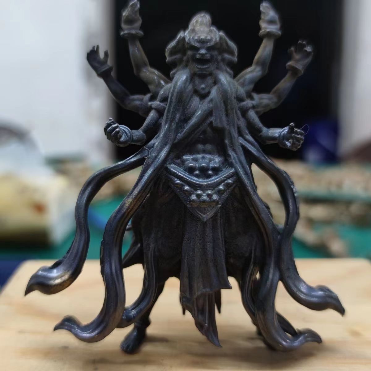 金属10厘米高纯铜做旧六臂三头六道非天阿修罗场雕塑模型古典摆件