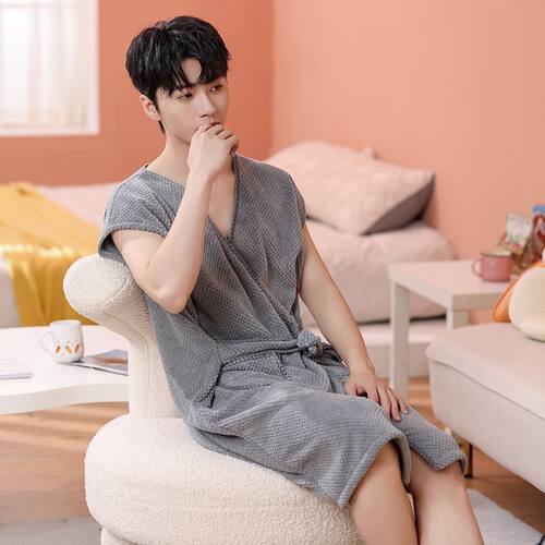 简约情侣短袖珊瑚绒浴袍吸水柔软加长款男女睡袍夏季家居服酒店