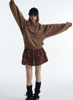 PABO笨狗韩感碎花灯芯绒高腰荷叶边蛋糕裙氛围感百搭棕色短裙秋冬