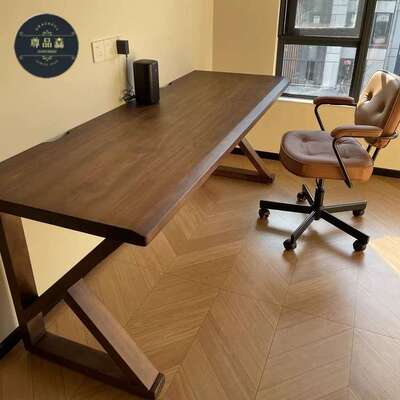 实木长条书桌中古原木风家用靠墙双人学习桌工作台台式办公电脑桌