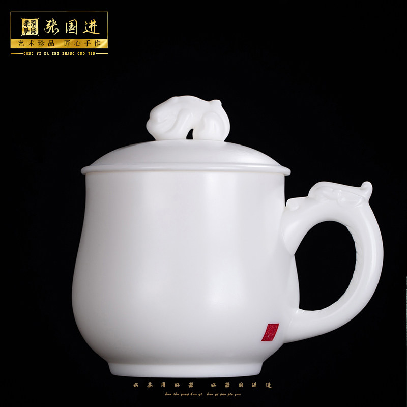 大师张国进羊脂玉茶具大容量个人专用茶杯带盖茶水分离水杯貔貅杯