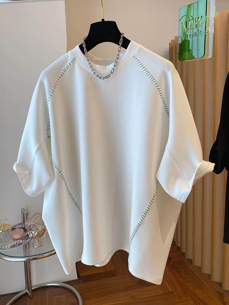 EUROPE STATION LIGHT LUXURY LOOSE CASUAL STRUCTURED SILHOUETTE TOPSTITCHED T-SHIRT WOMENS SHORT SLEEVE LARGE VERSION OF THE BAT-SHAPED TOP SUMMER TIDE