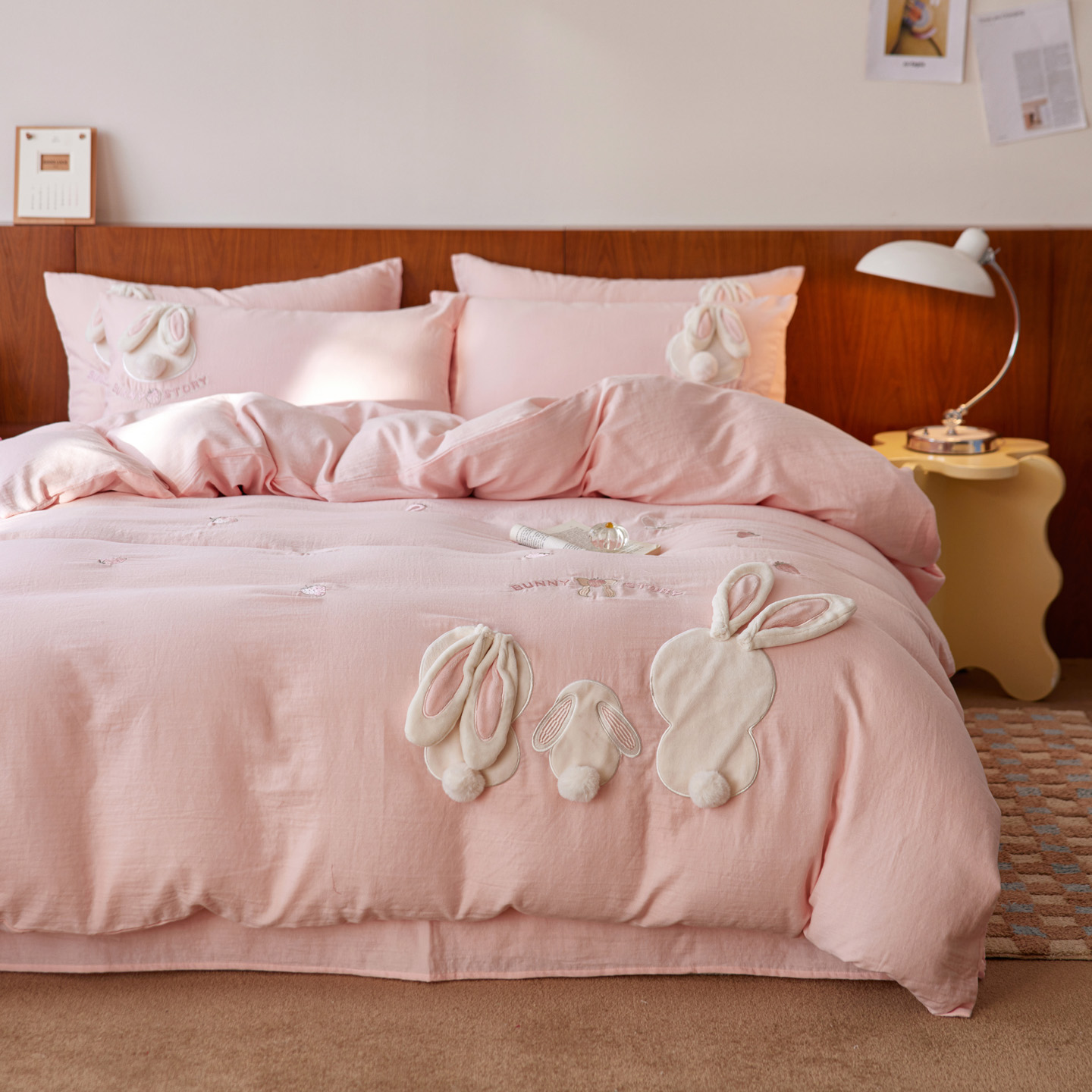 四件套2025新款A类全棉水洗双层纱草莓兔系列