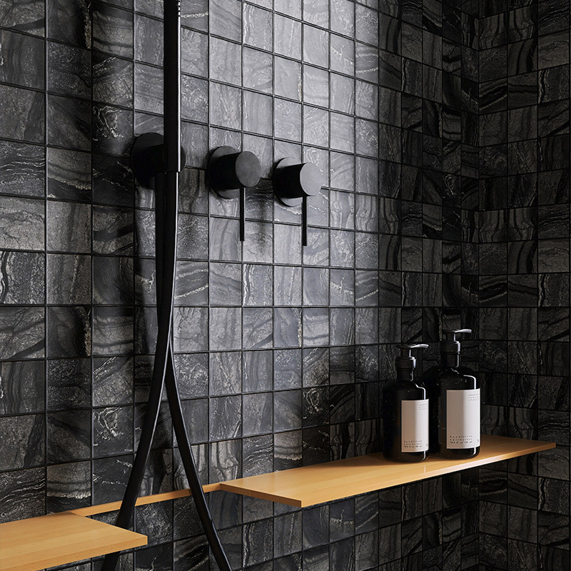 黑色金丝木纹石材马赛克卫生间淋浴房轻奢设计师款背景墙地面瓷砖