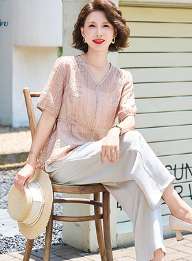 妈妈夏装时尚两件套气质新款中老年女士洋气上衣夏季套装短袖小衫