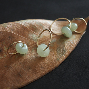 和田玉面包扣DIY女款14k包金耳钩耳环 复古简约耳圈简约饰品礼物