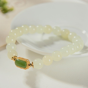 和田玉青白玉手串DIY女款8mm无事牌手链复古气质简约节日礼物