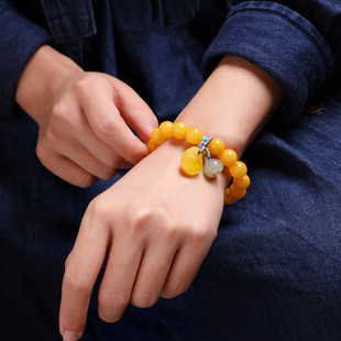 琥珀蜜蜡手串女款10mm单圈圆珠DIY款鸡油黄玉石手链搭配南红笑佛
